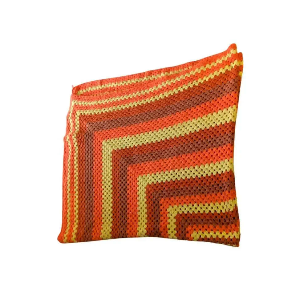 70s Crochet Bright Orange Afghan Knitted Blanket Handmade Vintage 70X77in